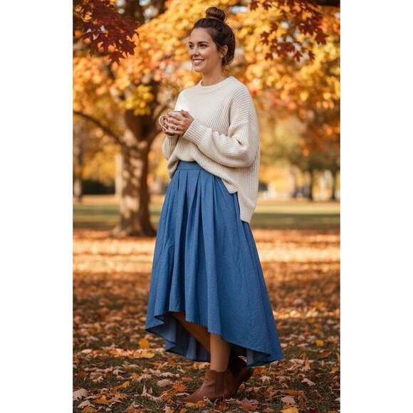 Boho Chambray Maxi Skirt High Low Hem Full Flowing Romantic Bow Tie Waist M NWT - Picture 2 of 9